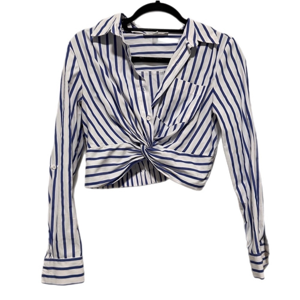 Blue and white striped cropped button down shirt
